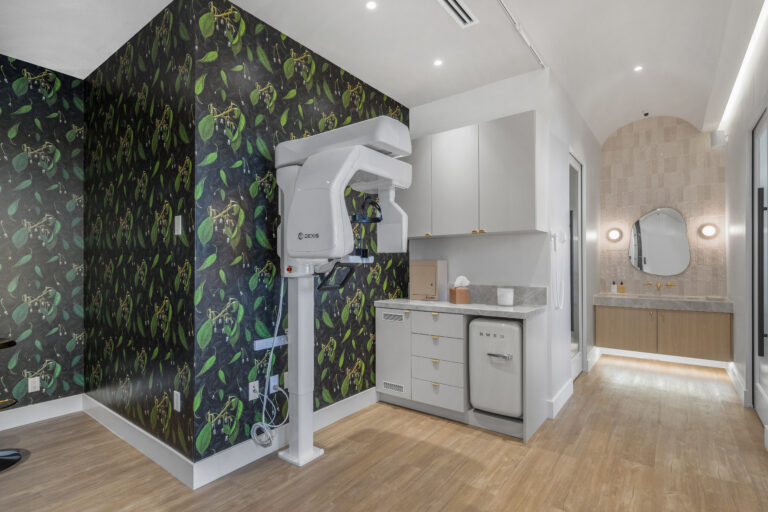 Modern dental office with unique wallpaper