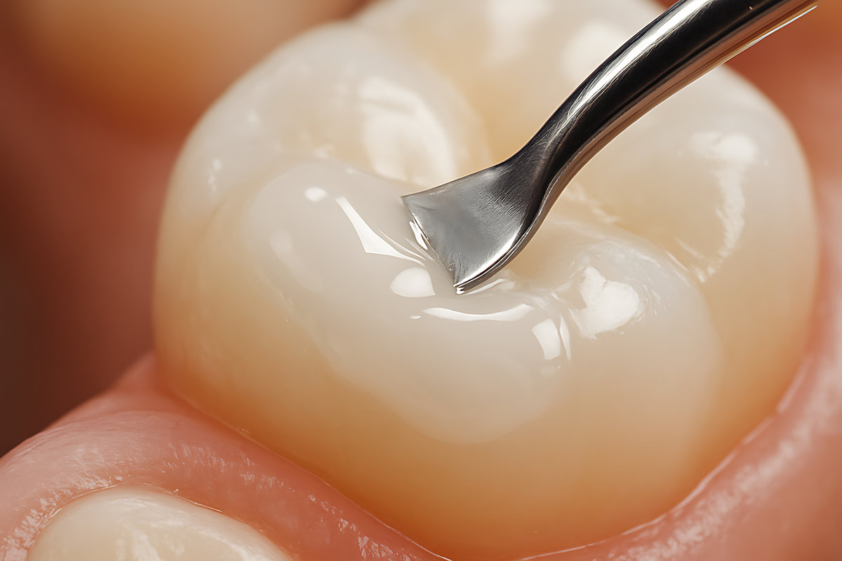 Macro close-up of a dental restoration procedure showing a metal tool shaping a composite filling on a molar tooth, highlighting precision, gloss, and oral health detail.