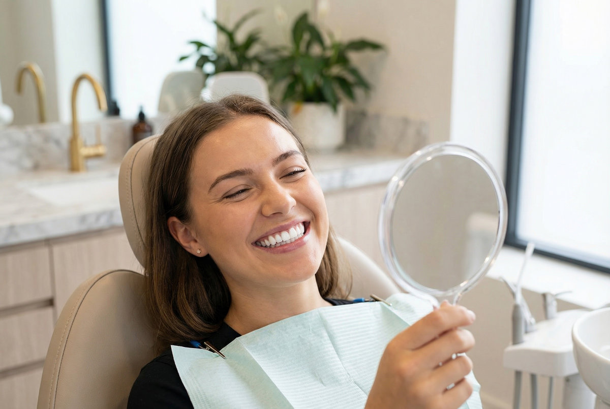 Happy woman looking at white smile in mirror at dentist