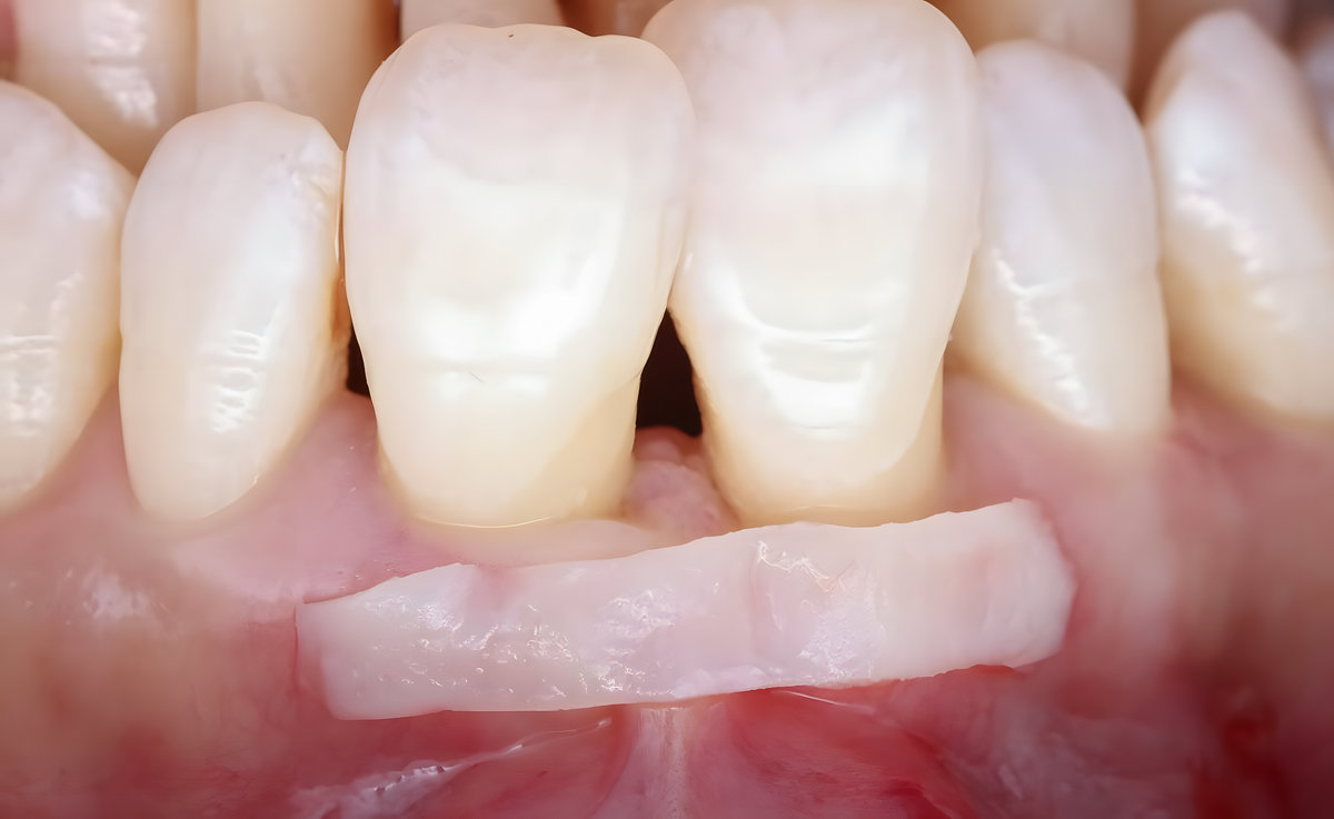 Soft tissue graft for jawbone resorption and gum recession in dentistry. Periodontal treatment involving dental grafts and gingival transplantation. dental treatment gum and implant